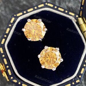 NEW Certified 2ct. t.w. Champagne Moissanite 6 Prone Solitaire Stud Earrings